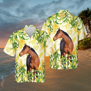 Horse & Corn Farm 3D Hawaiian Shirt, Funny Country Summer Shirt for Men, Western Farm Themed Vacation Outfit