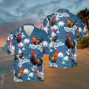 Rooster Blue Tribal Hawaiian Shirt for Men, Animal Colorful Rooster Shirt, Summer Beach Shirt