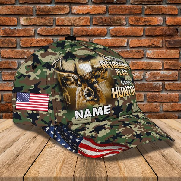 Personalized Deer Hunting Retirement Cap – Custom Name 3D Camo Hat with American Flag – Funny Hunting Gift for Men - Image 3