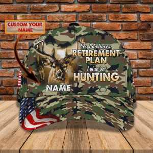 Personalized Deer Hunting Retirement Cap – Custom Name 3D Camo Hat with American Flag – Funny Hunting Gift for Men